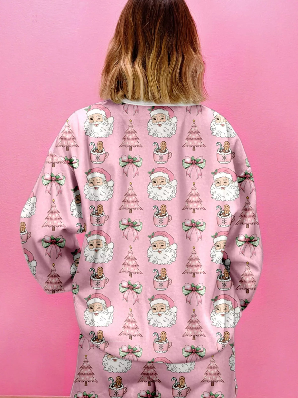 Santa Print Round Neck Top and Shorts Lounge Set -