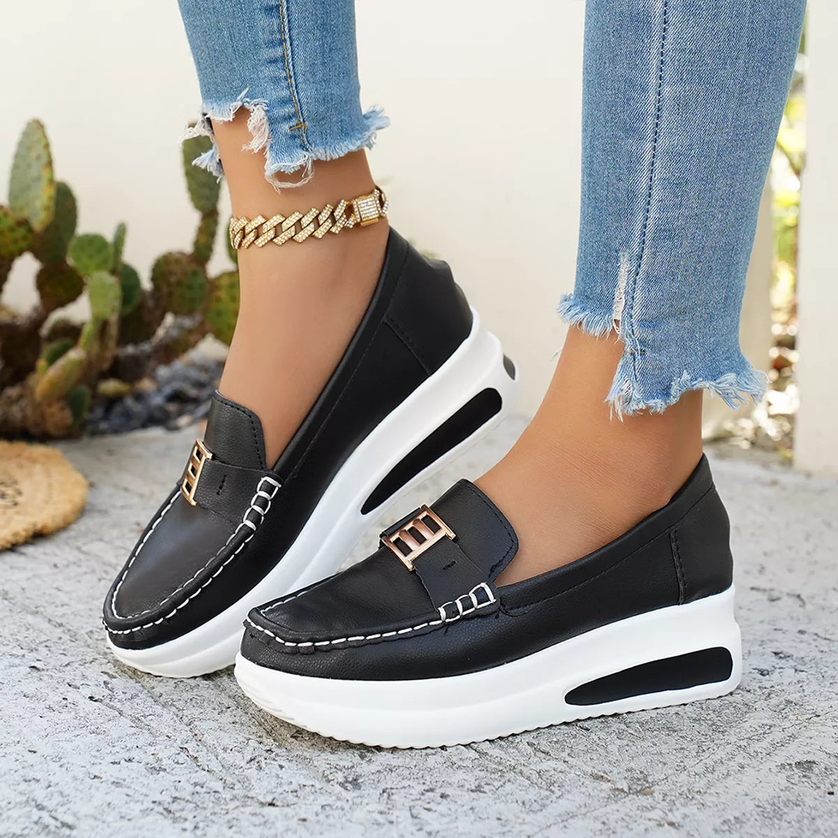 Metal Buckle Round Toe Slip-Ons -