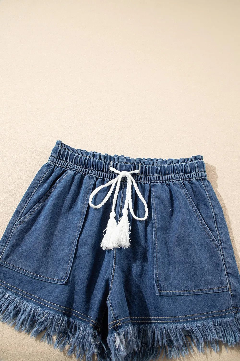 Raw Hem Drawstring High Waist Denim Shorts -