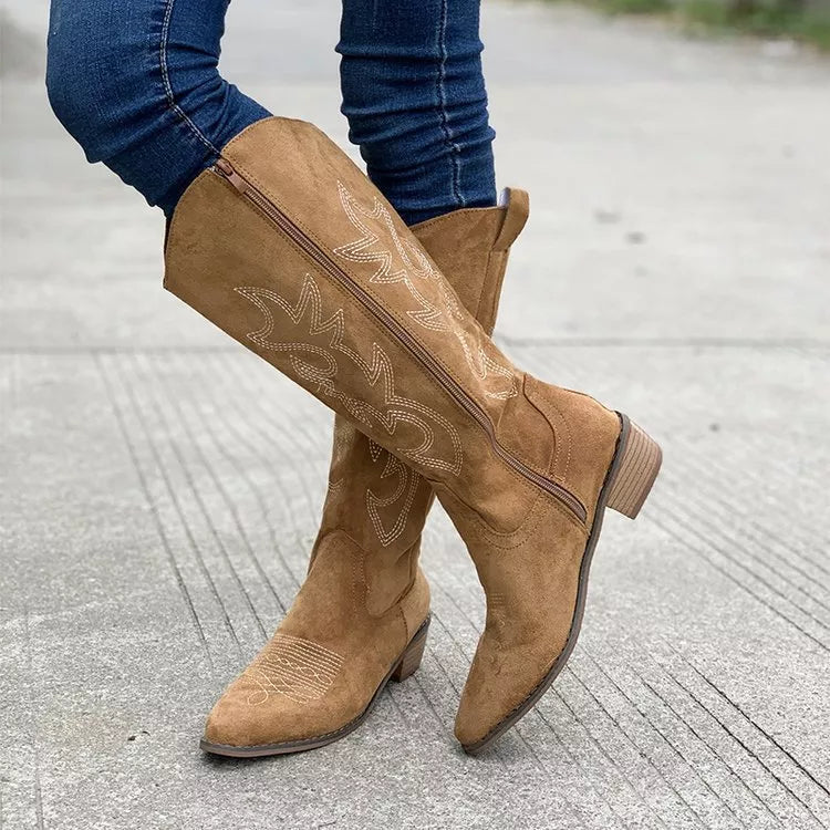 Point Toe Block Heels Boots - Brown
