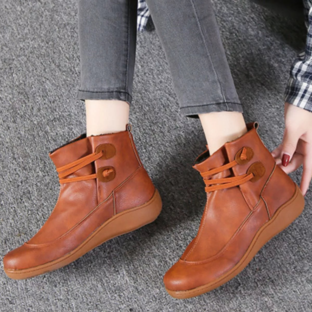 Button Detail Ankle Boots - Caramel