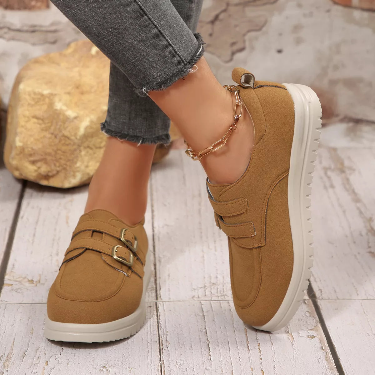 Buckle Accent Casual Loafers - Brown