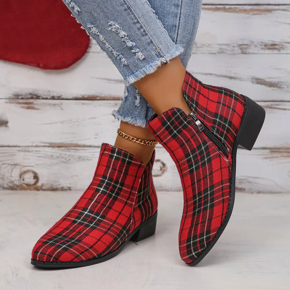 Plaid Point Toe Ankle Boots - Red