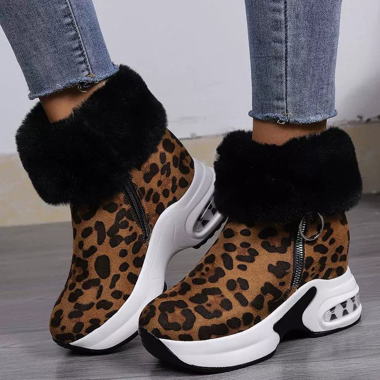 Fuzzy Side Zipper Platform Ankle Boots - Leopard
