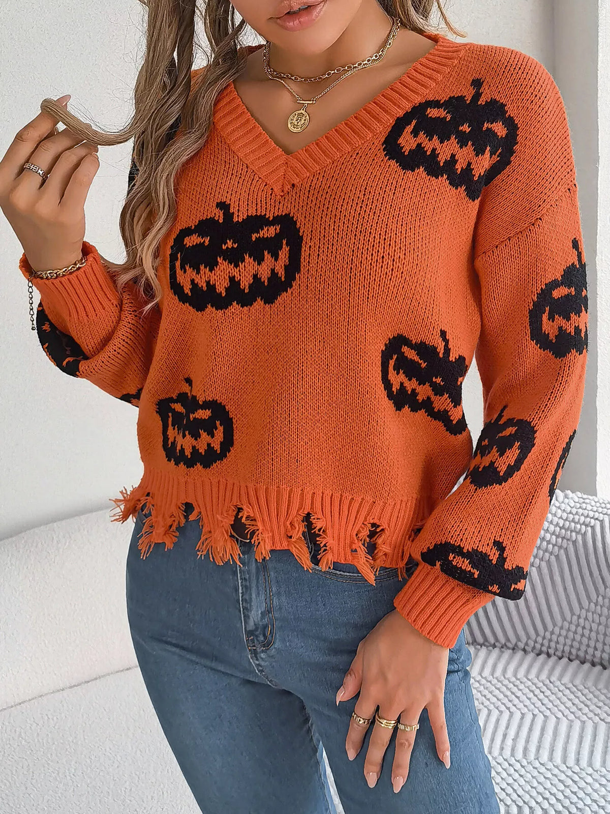 Pumpkin Pattern Raw Hem V-Neck Sweater - Orange