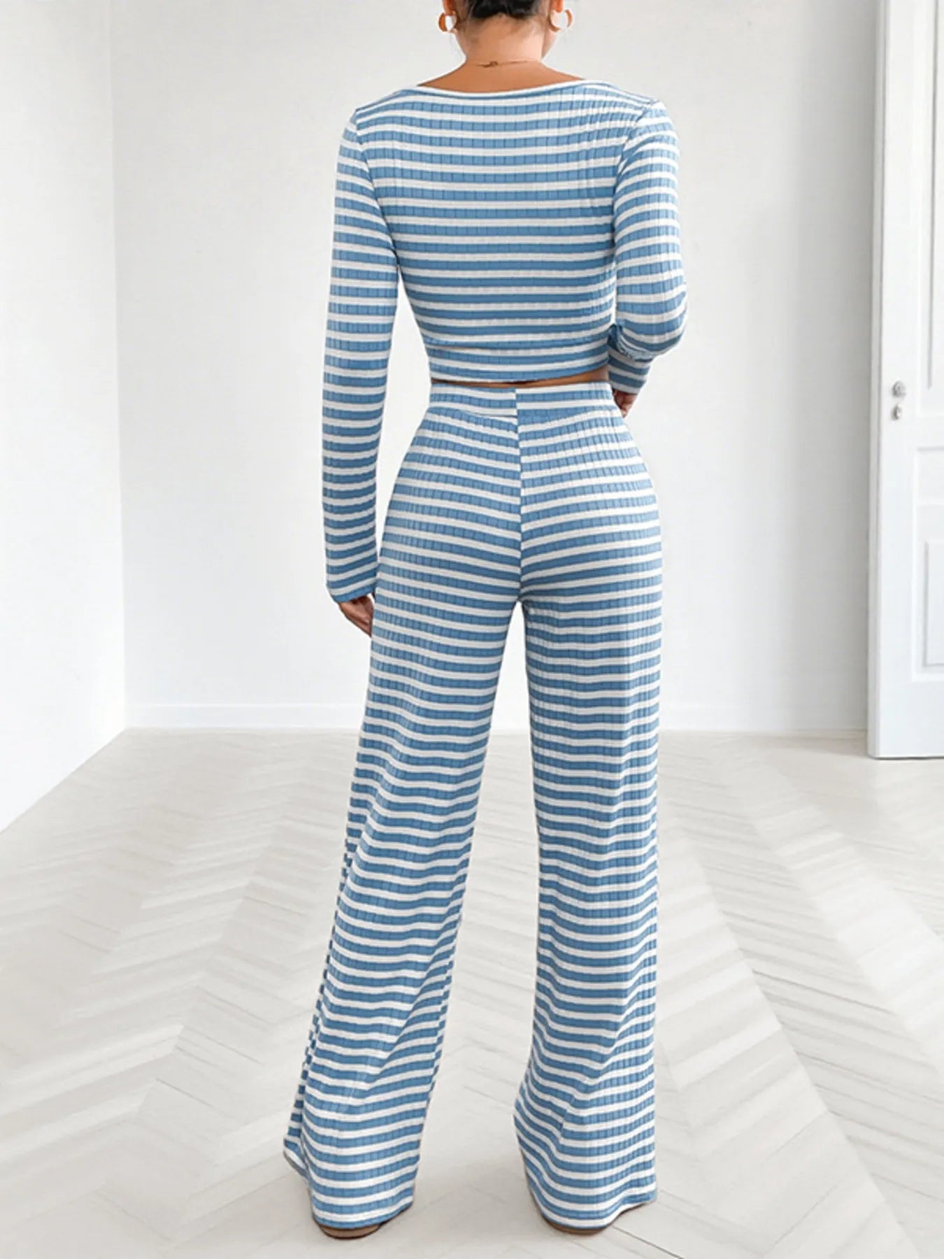 Striped Square Neck Top and Pants Lounge Set -
