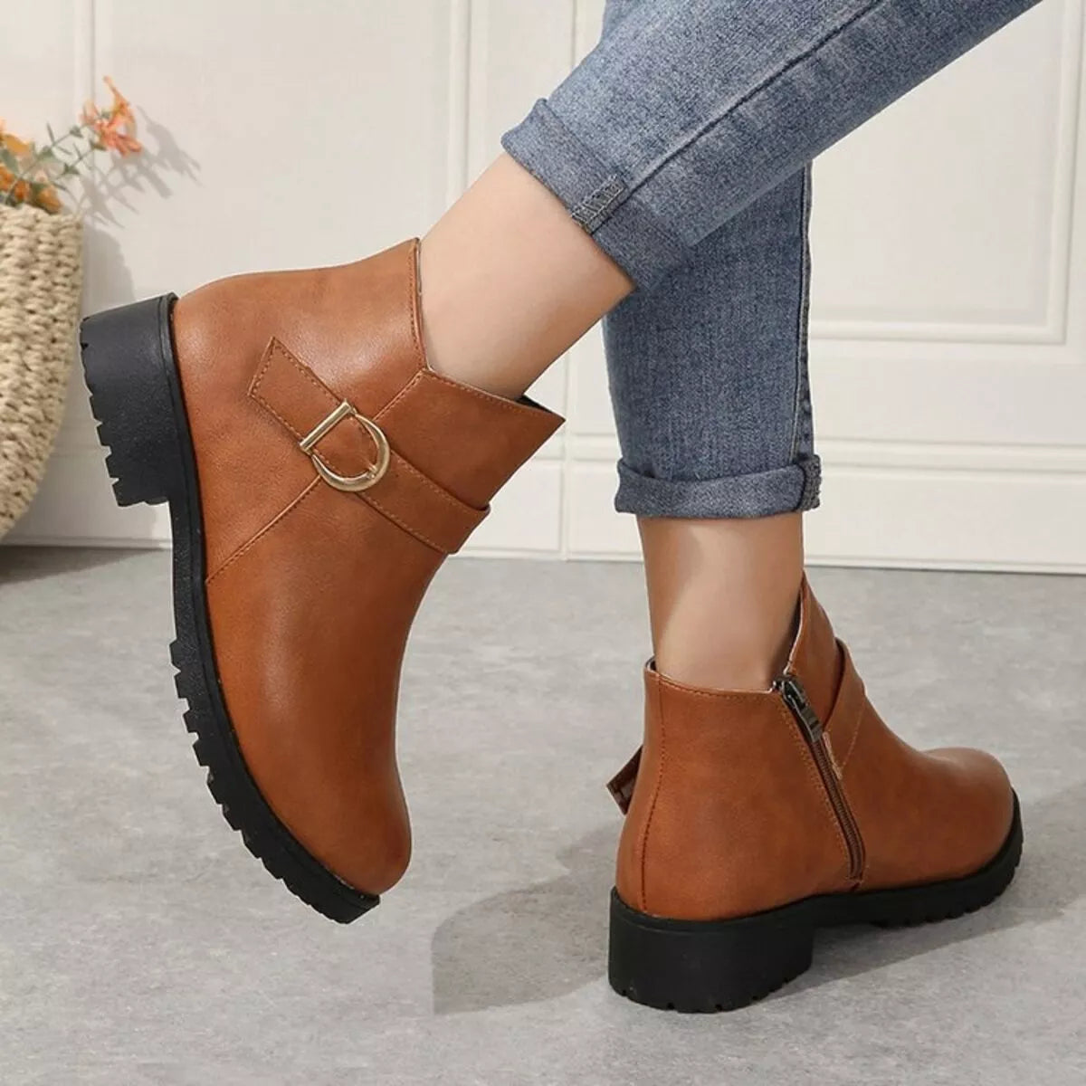Buckle Accent Ankle Boots - Caramel