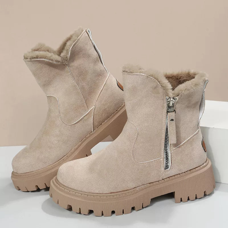 Side Zipper Fuzzy Boots - Creamy-White