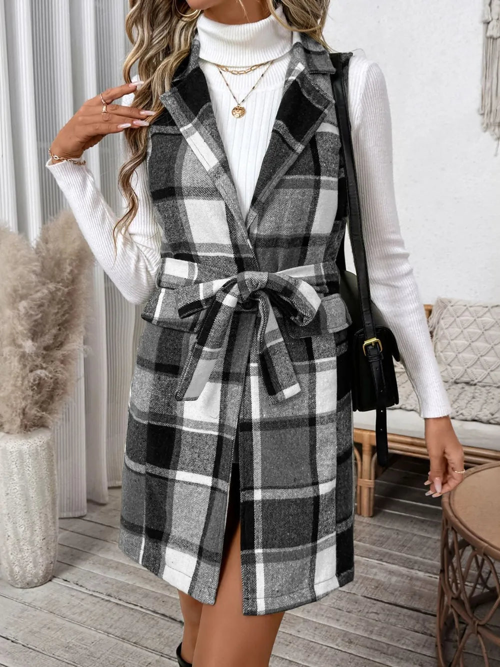 Tied Plaid Vest Coat - Dark Gray