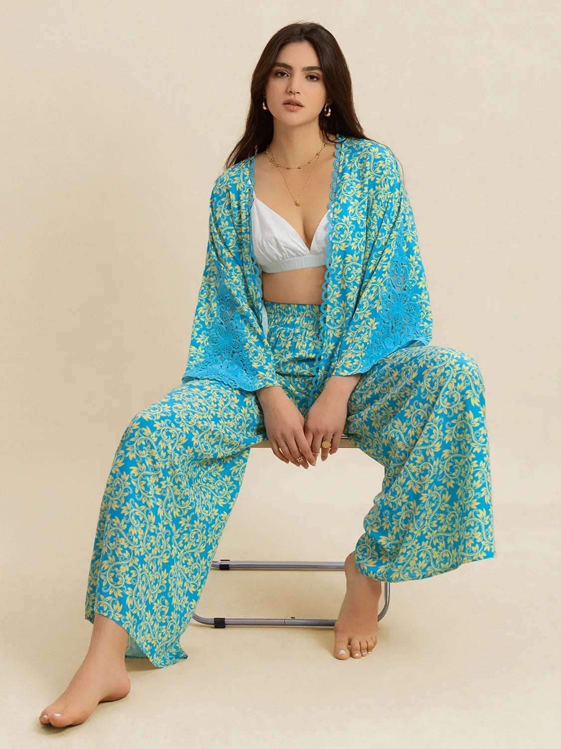 Open Front Printed Top and Pants Set - Teal