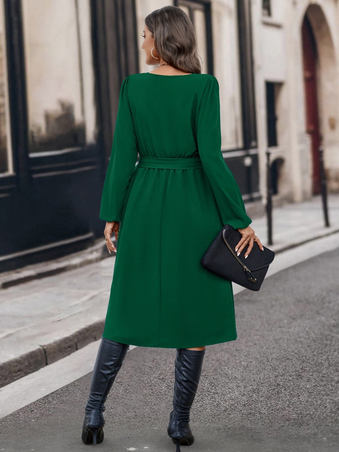 Buttoned Tie Front Asymmetrical Neck Dress - Green