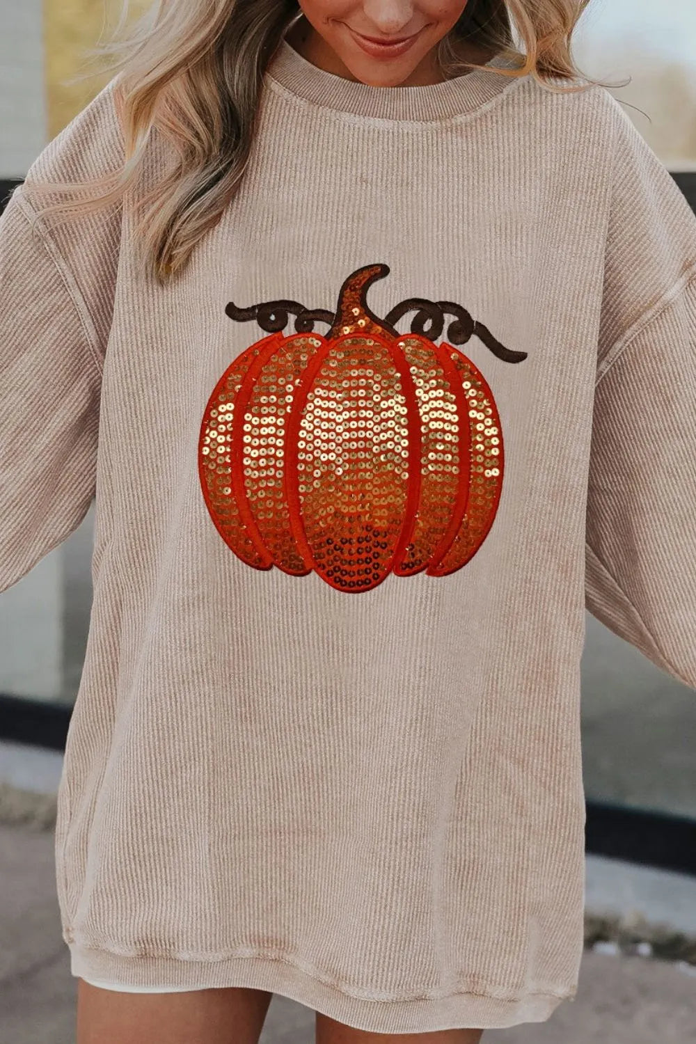 Sequin Pumpkin Round Neck Long Sleeve Sweatshirt -