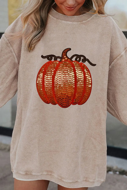 Sequin Pumpkin Round Neck Long Sleeve Sweatshirt -
