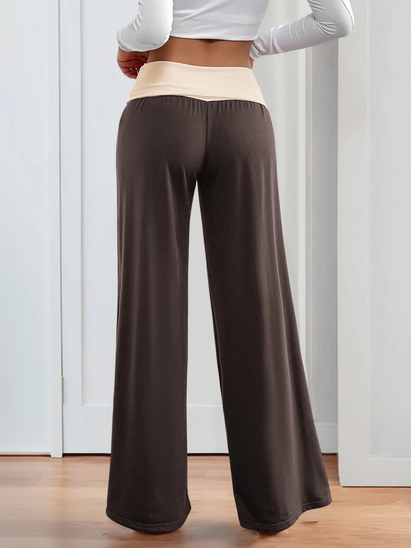 Contrast Waistband Wide Leg Pants -