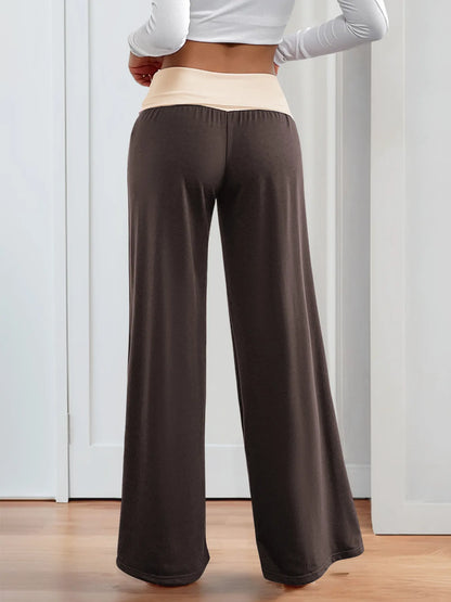 Contrast Waistband Wide Leg Pants -