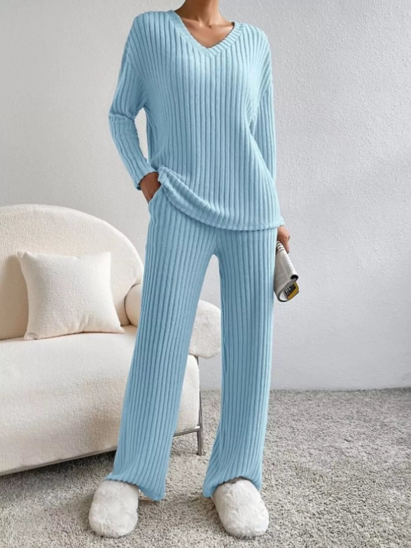 Ribbed Knit V-Neck Top and Pants Set -