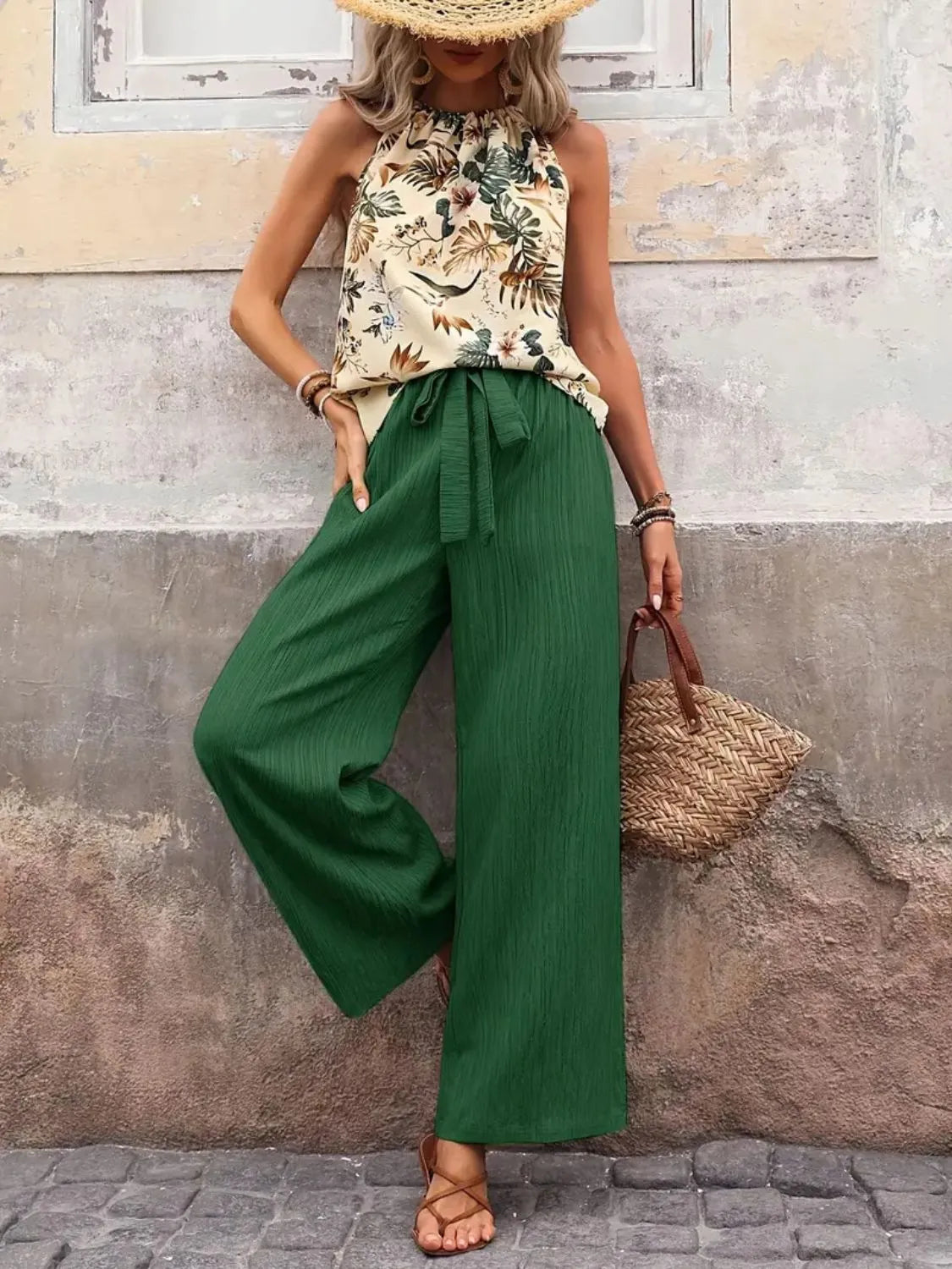 Printed Tank Top and Wide Leg Pants Set - Dark Green
