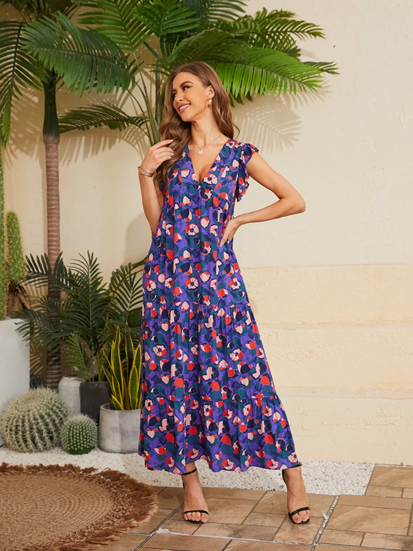 Floral V-Neck Cap Sleeve Summer Dress - Purple