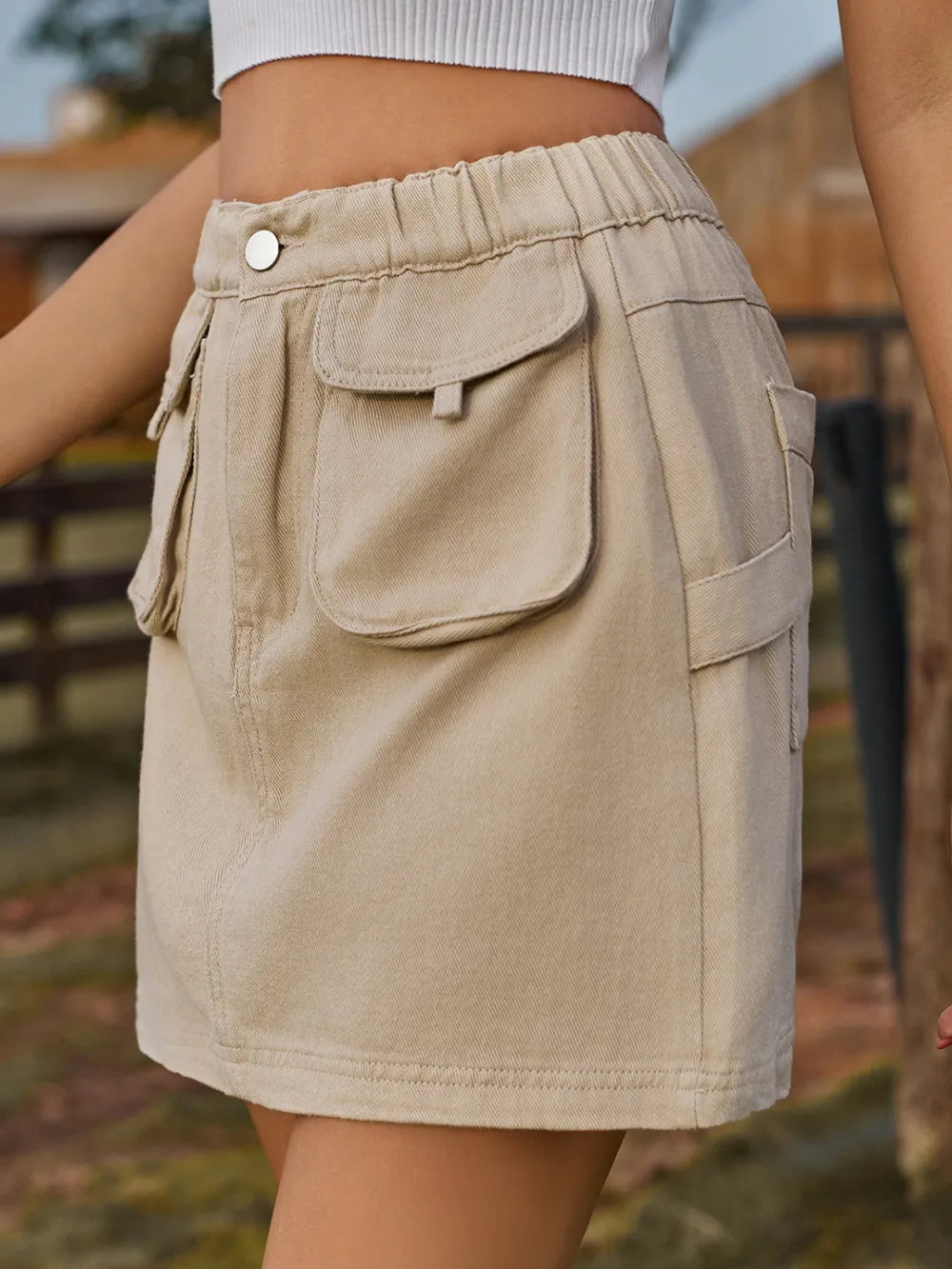 Pocketed Elastic Waist Denim Skirt -