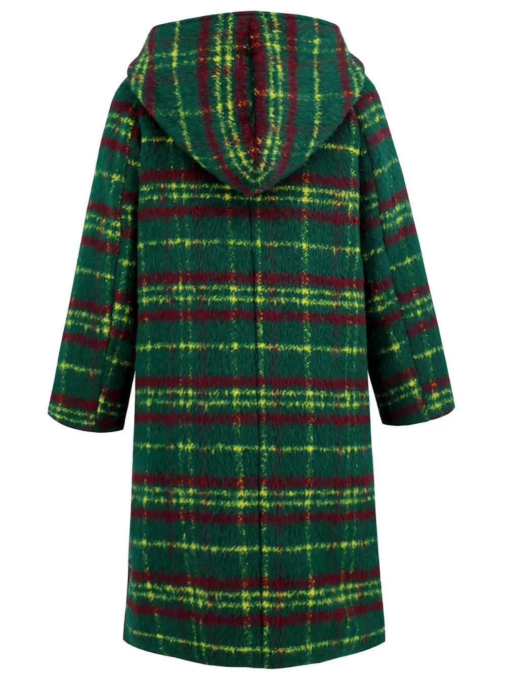 Plaid Long Sleeve Hooded Coat - Dark Green