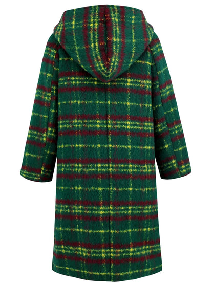 Plaid Long Sleeve Hooded Coat - Dark Green
