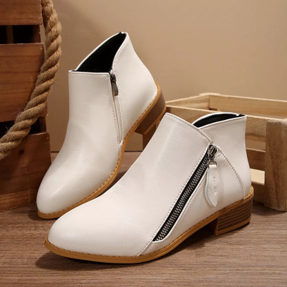 Block Heels Ankle Boots - White