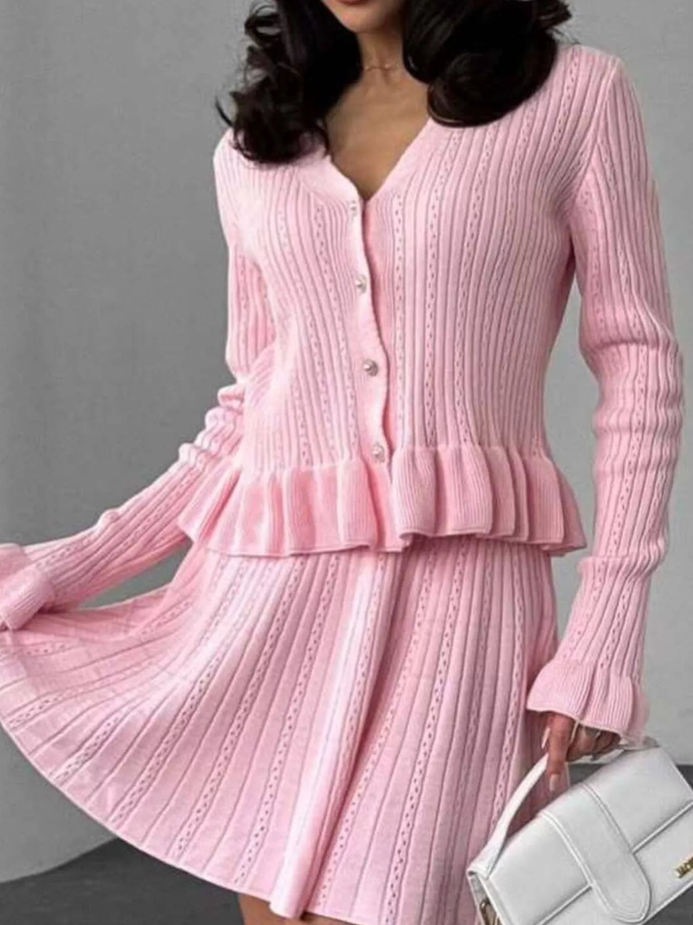 Ruffle Trim Knit Cardigan and Skirt Set -