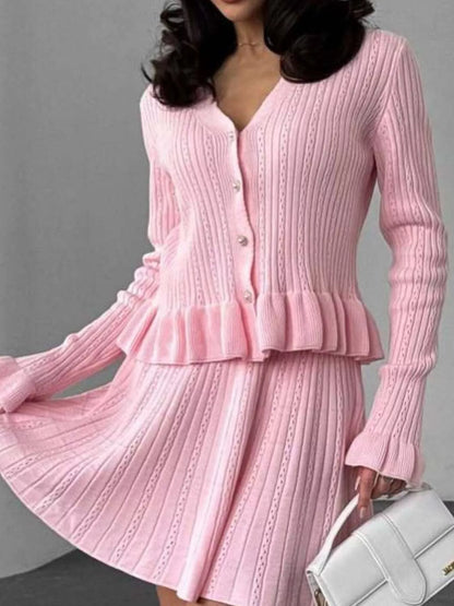 Ruffle Trim Knit Cardigan and Skirt Set -