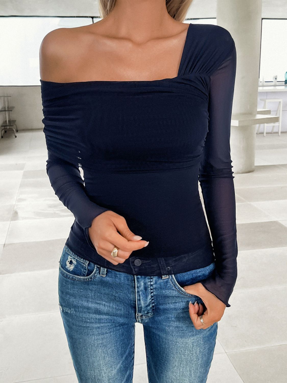 Ruched Asymmetrical Long Sleeve T-Shirt - Dark Blue