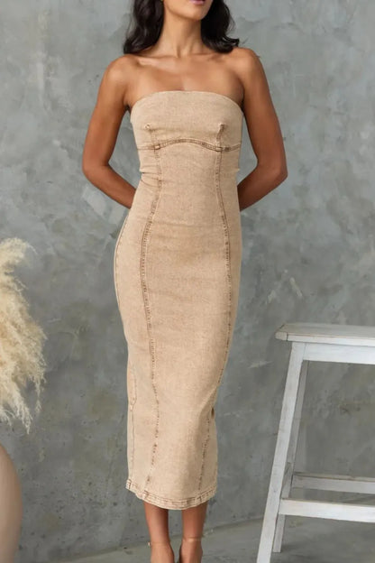 Washed Slit Back Tube Denim Dress - Tan