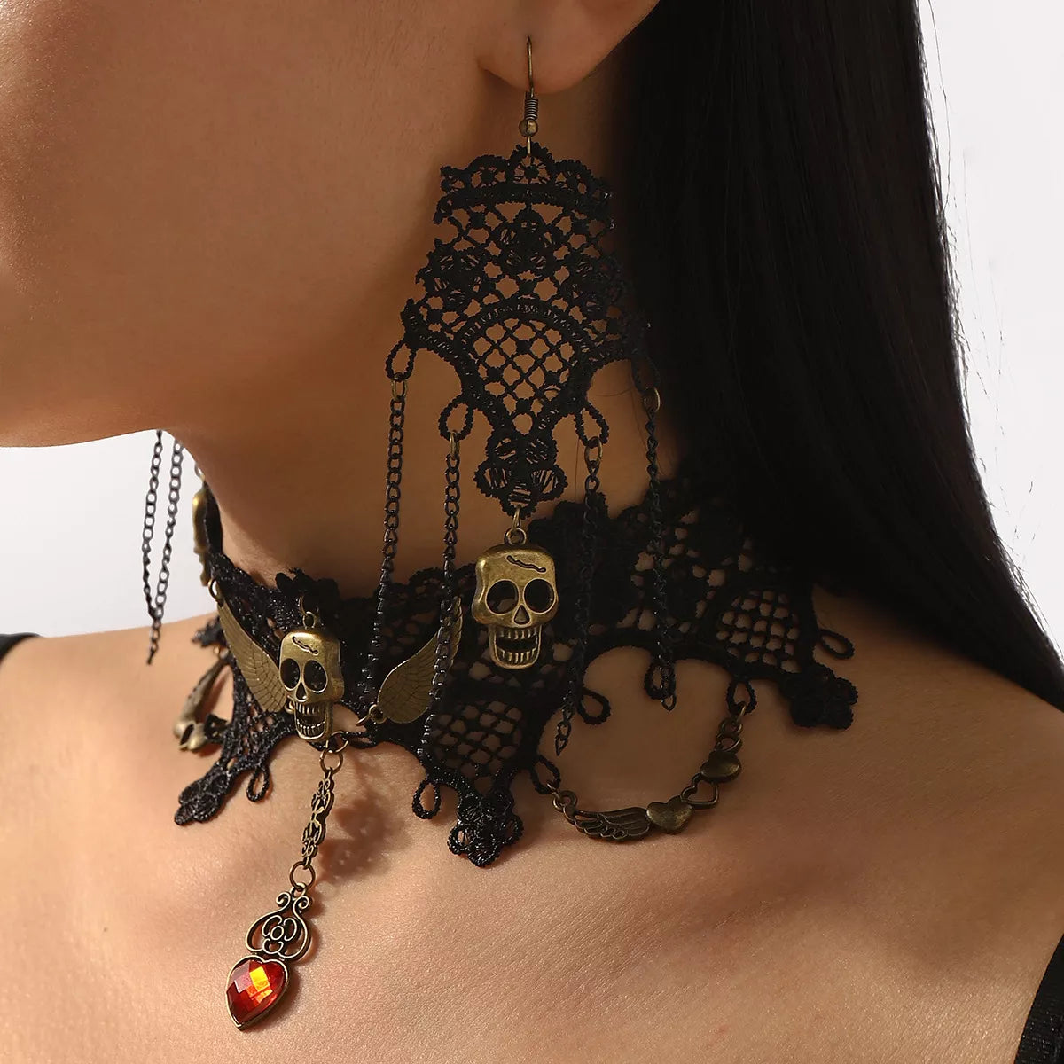 Lace Skull Necklace and Earrings Jewelry Set -