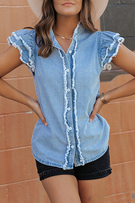 Raw Hem Button Up Cap Sleeve Denim Top - Light