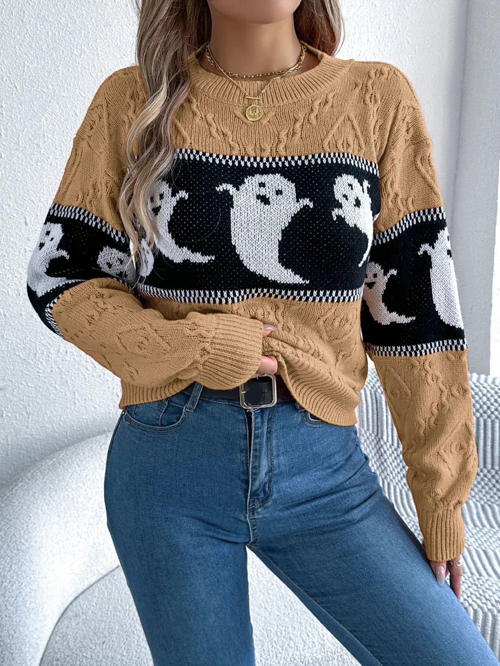Ghost Round Neck Long Sleeve Sweater - Camel