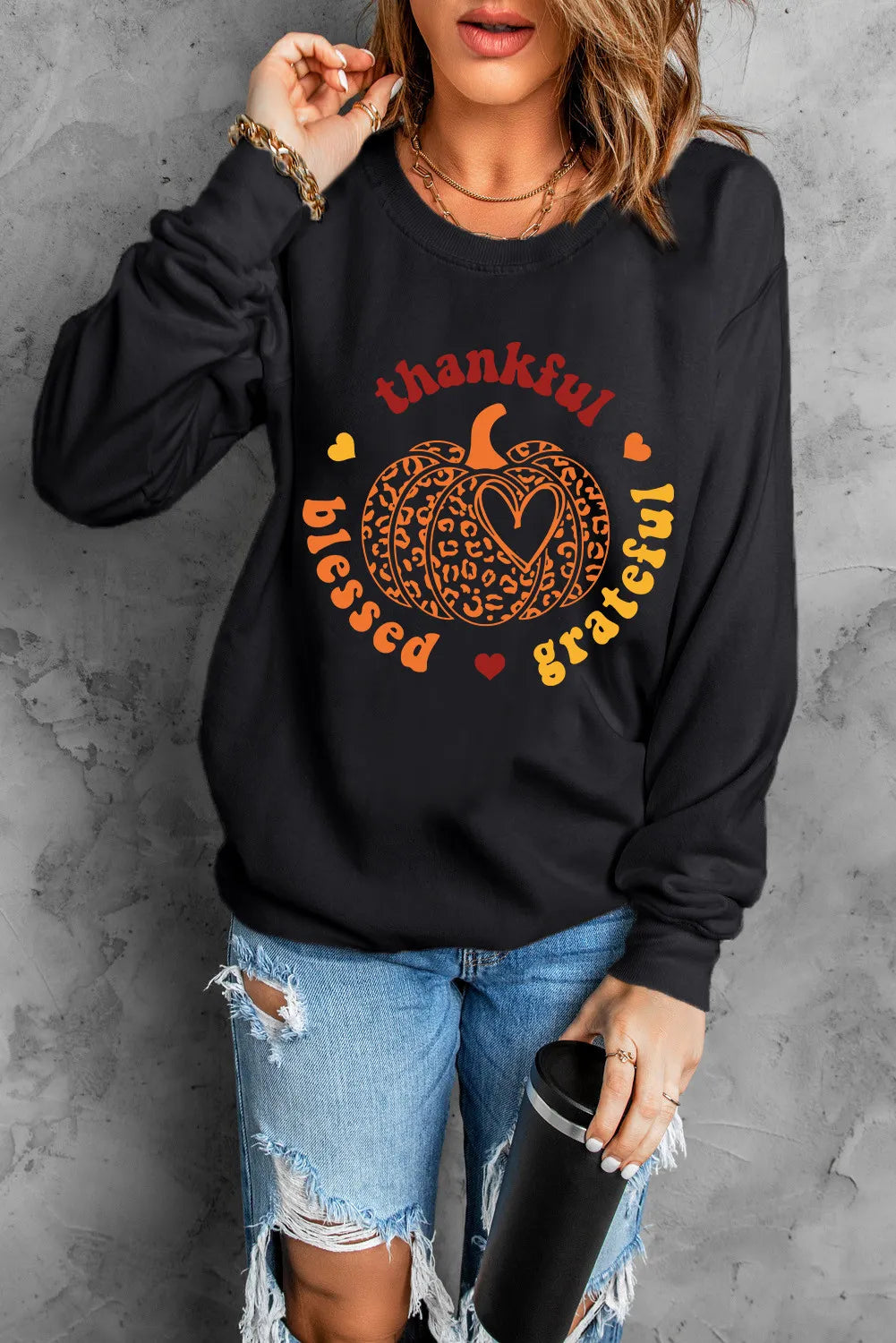 Pumpkin Graphic Long Sleeve Sweatshirt - Black