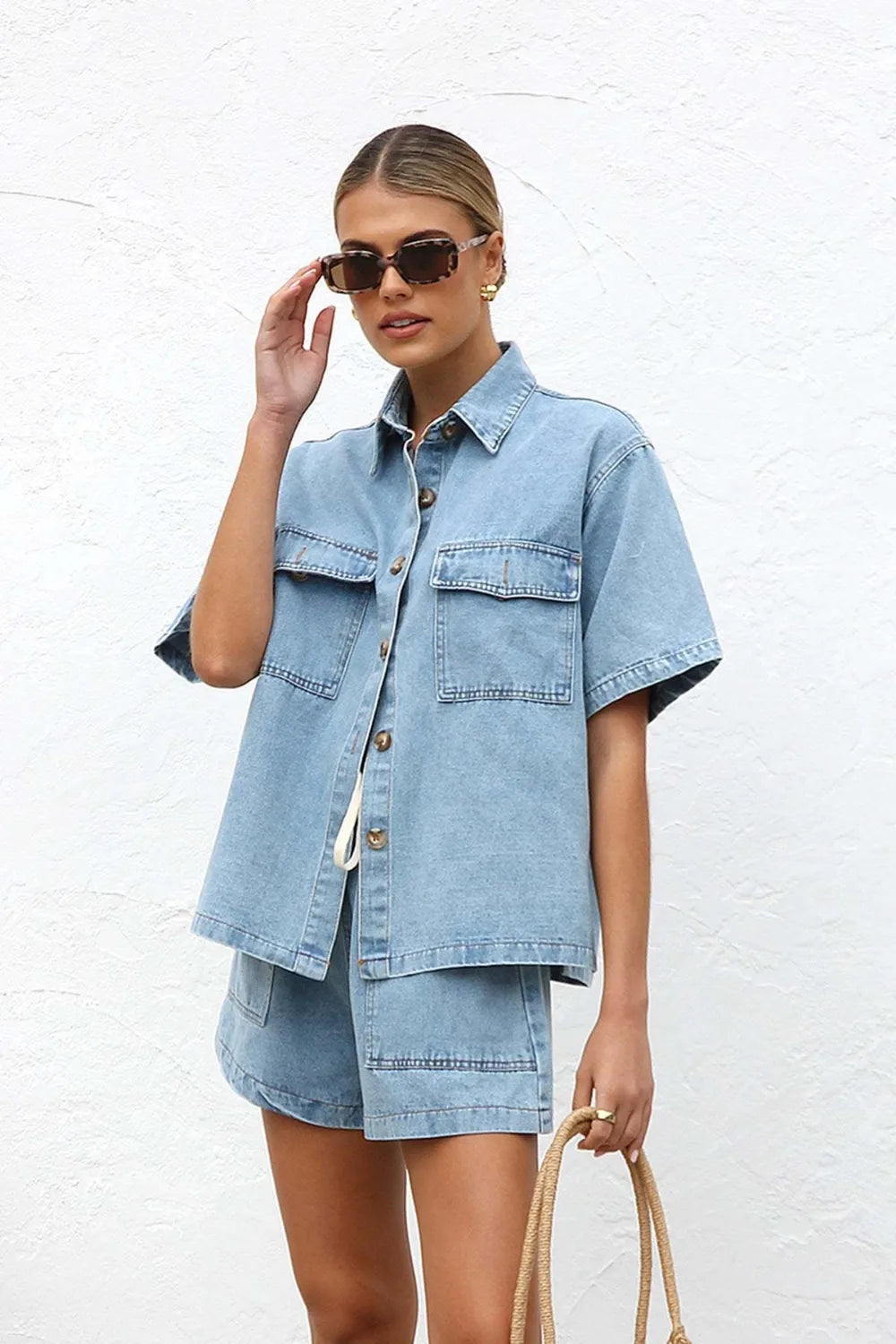 Collared Neck Button Up Top and Shorts Denim Set -
