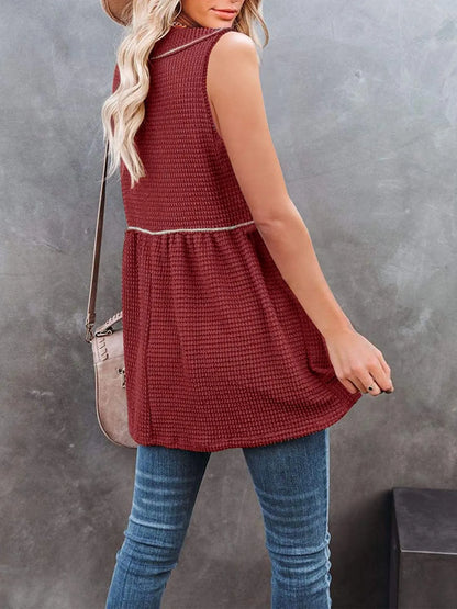 V-Neck Contrast Trim Waffle Knit Tank Top - Burgundy
