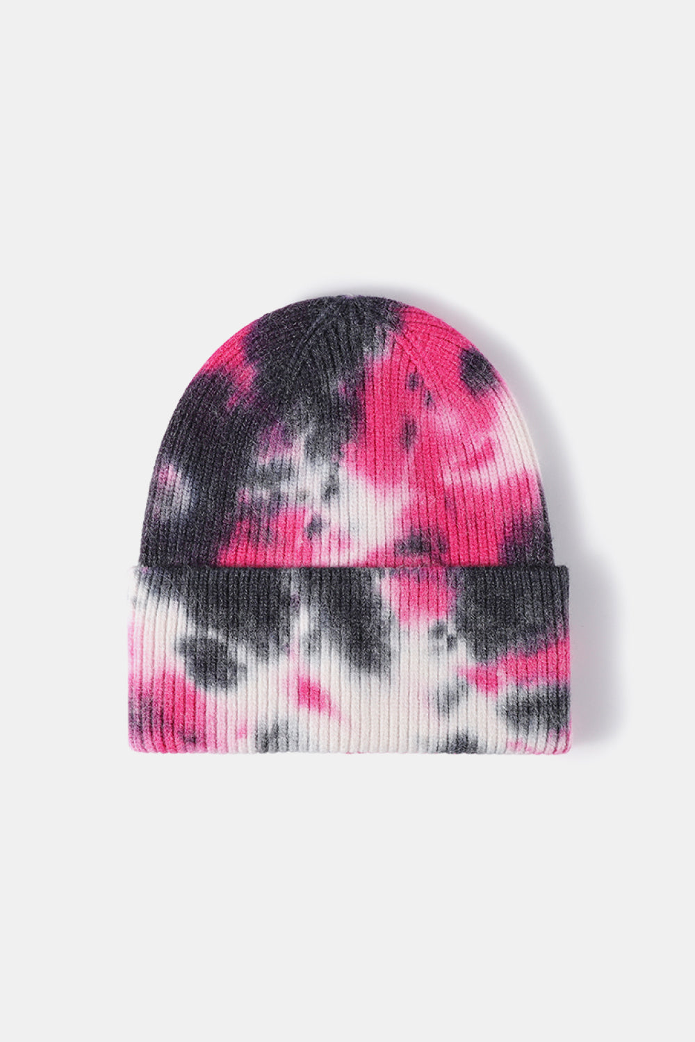 Tie-Dye Cuffed Rib-Knit Beanie Hat - Black Magenta One Size