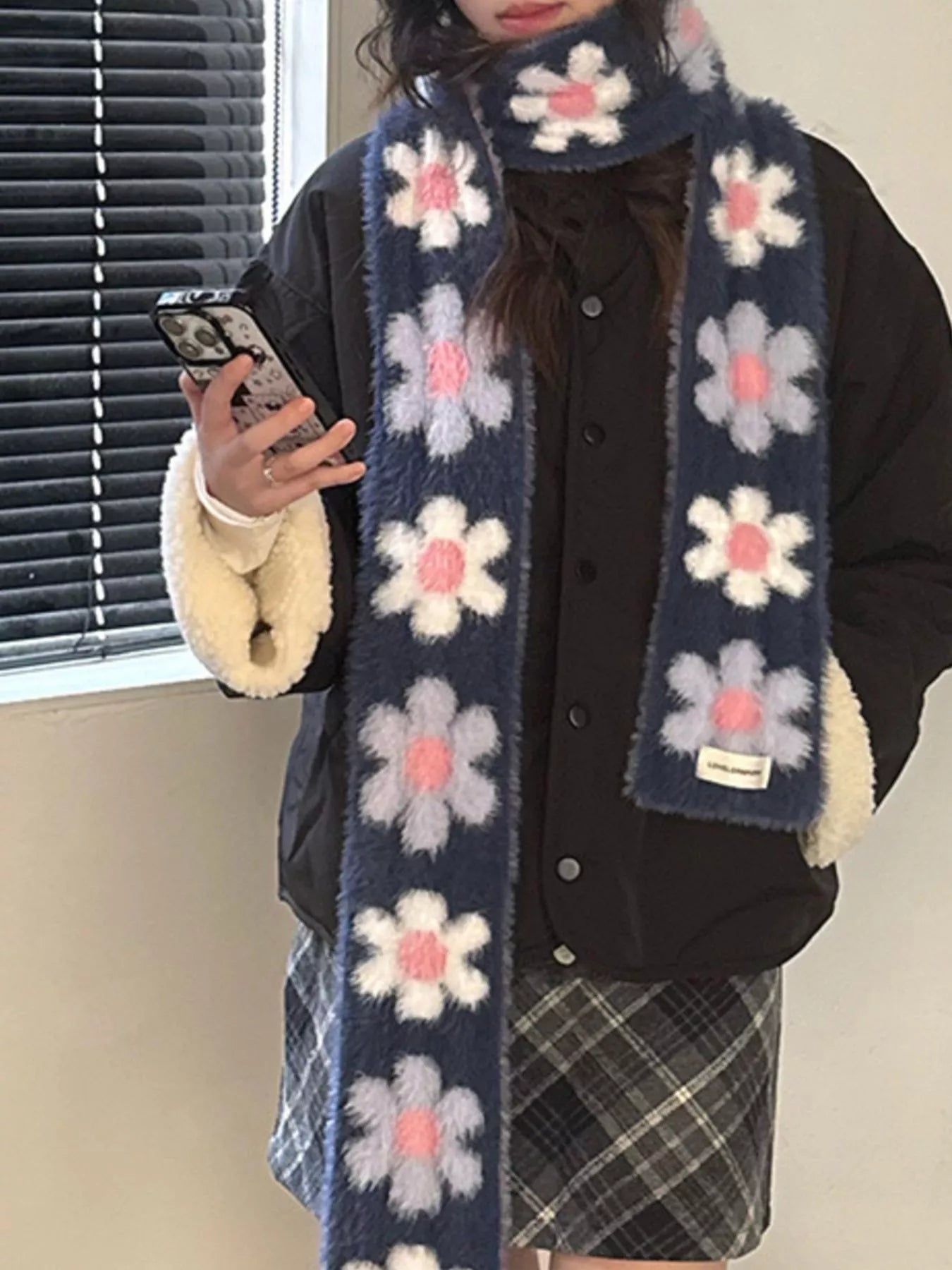 Floral Fuzzy Knit Scarf - Navy One Size