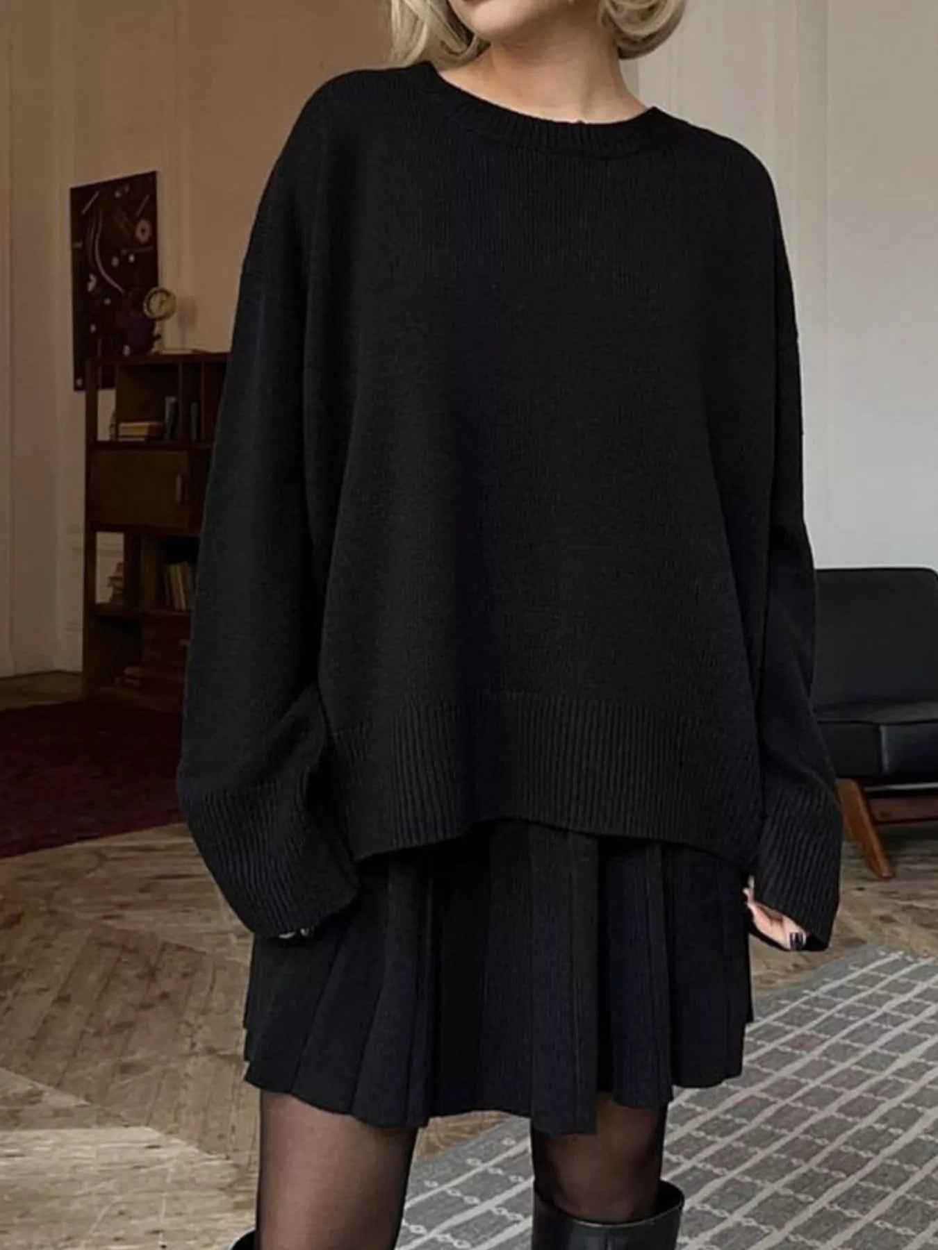 Round Neck Top and Pleated Skirt Sweater Set -