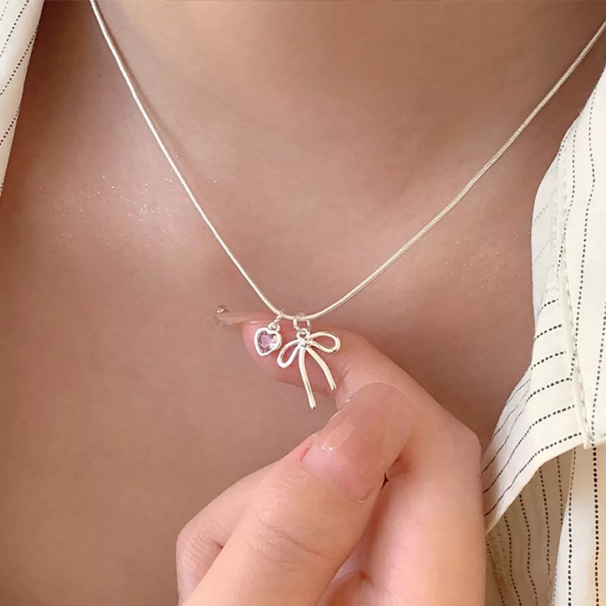 Bow and Heart Pendant Necklace -