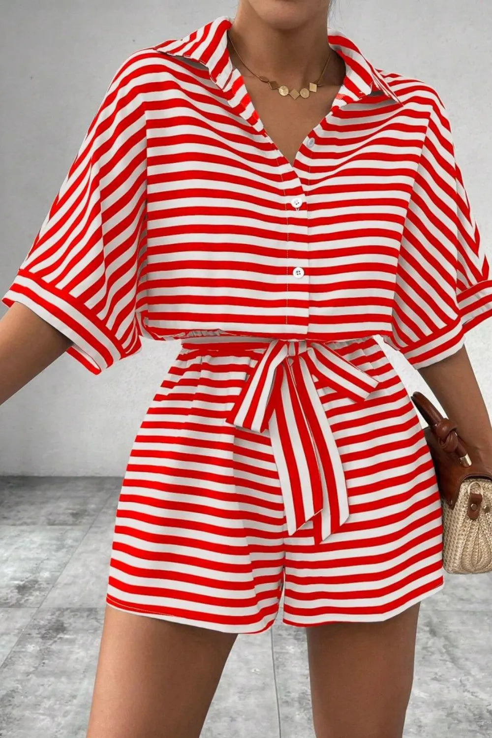Collared Neck-Tie Waist Romper - Strawberry