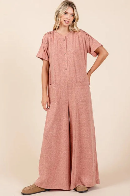 Button Detail Short Sleeve Wide Leg Jumpsuit -
