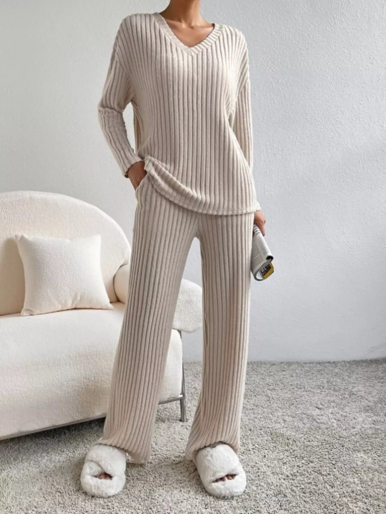 Ribbed Knit V-Neck Top and Pants Set -