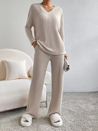 Ribbed Knit V-Neck Top and Pants Set -