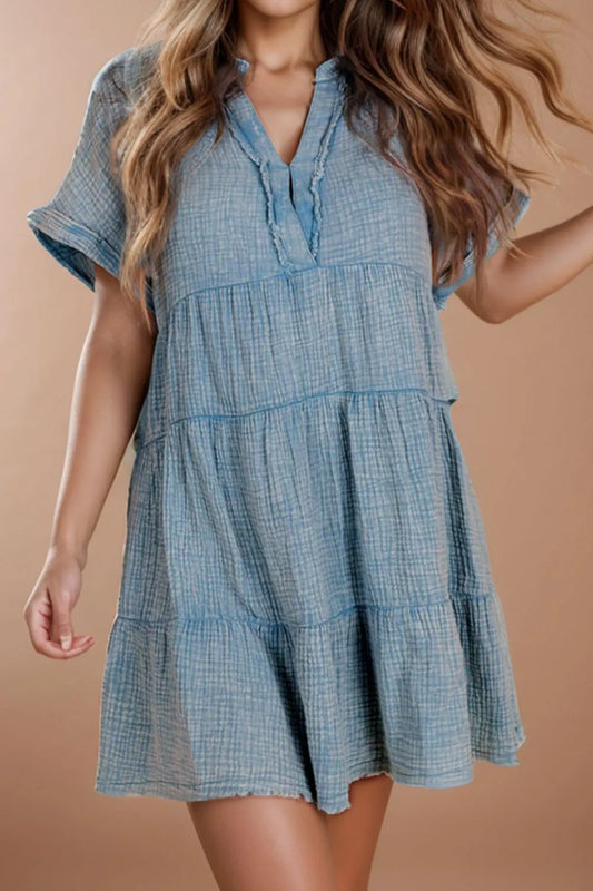 Tiered Notched Short Sleeve Dress - Light Blue