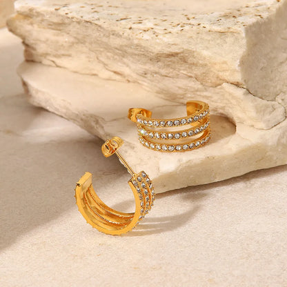 Stainless Steel Inlaid Zircon C-Hoop Earrings - Gold One Size