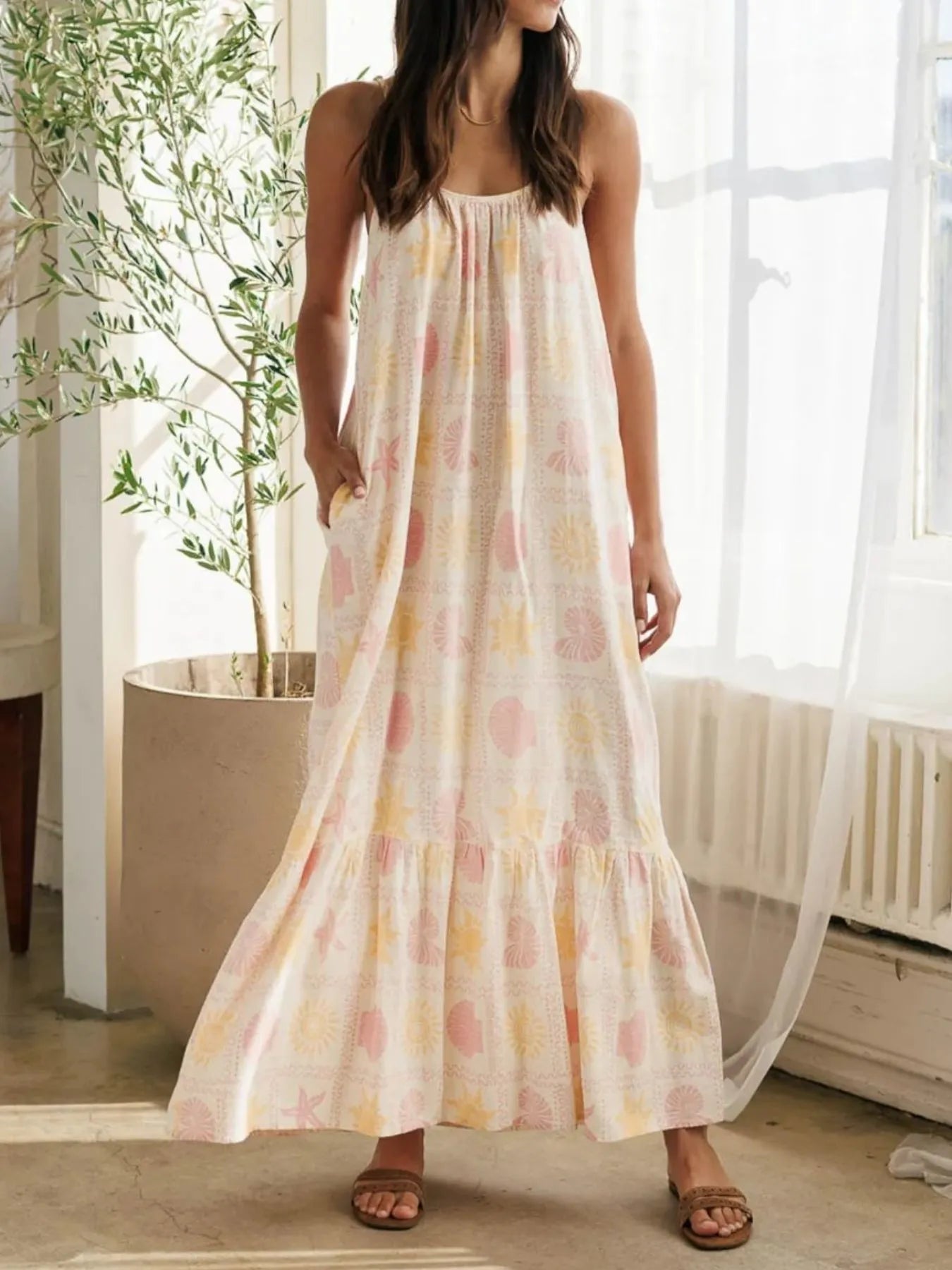Printed Maxi Lounge Dress - Apricot