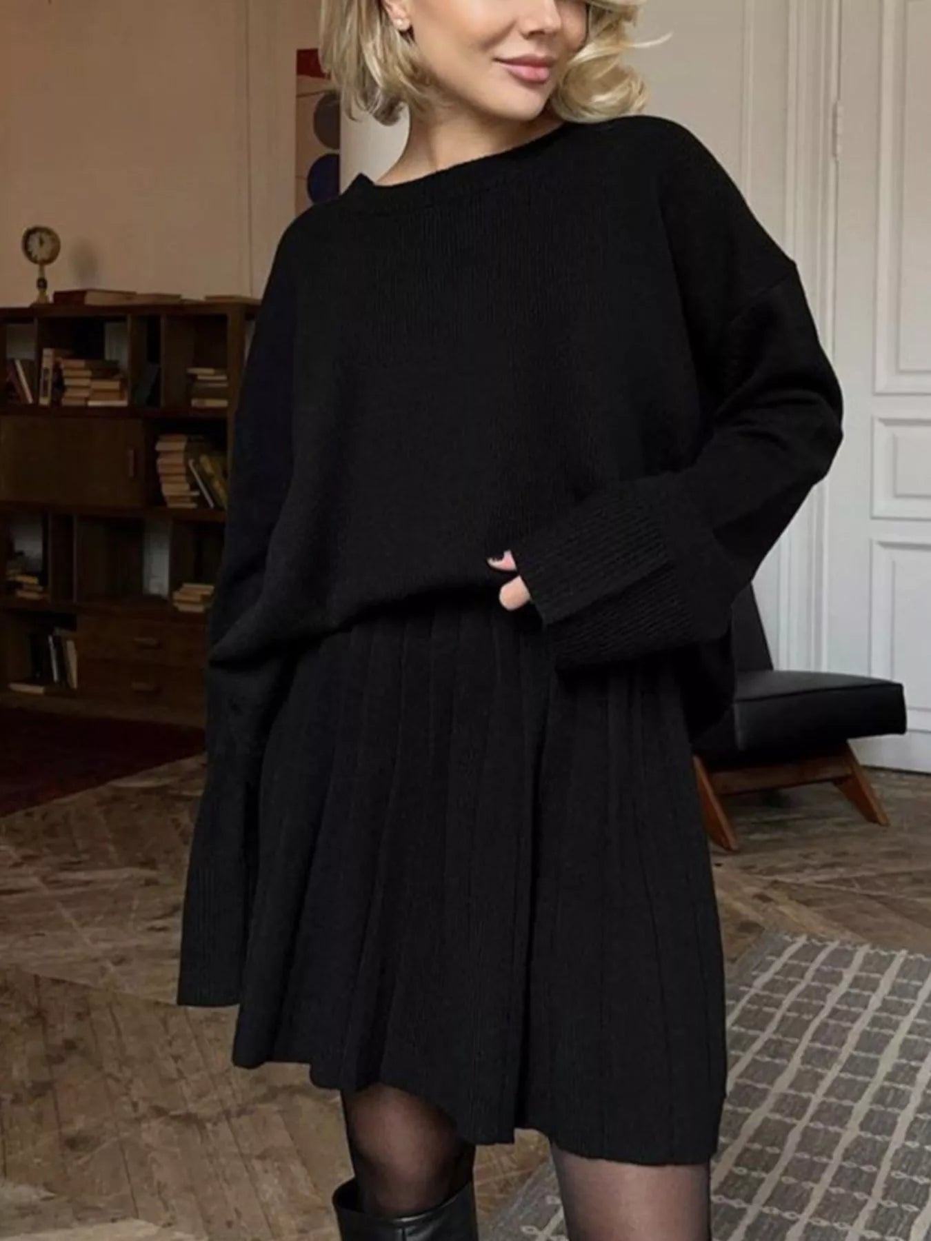 Round Neck Top and Pleated Skirt Sweater Set -
