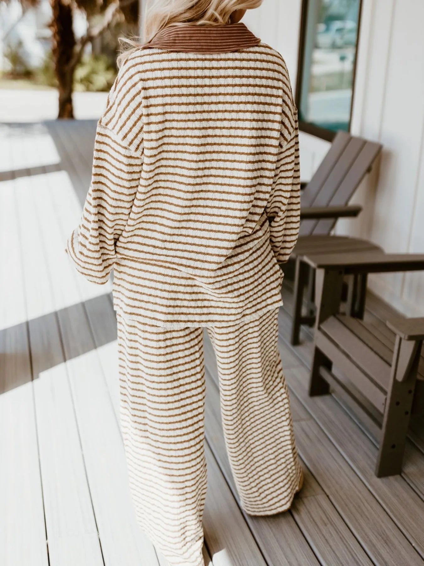 Stripe Collared Top and Drawstring Pant Set -