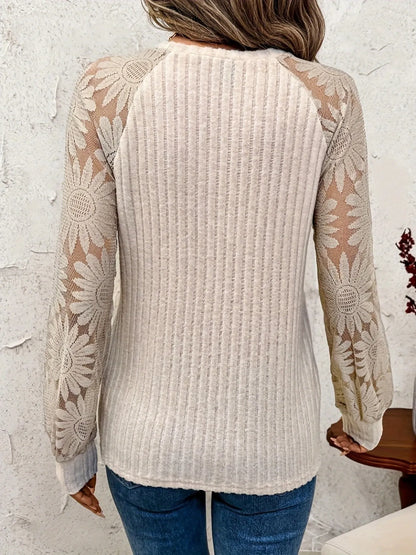 Ribbed Sheer Lace Sleeve Top -